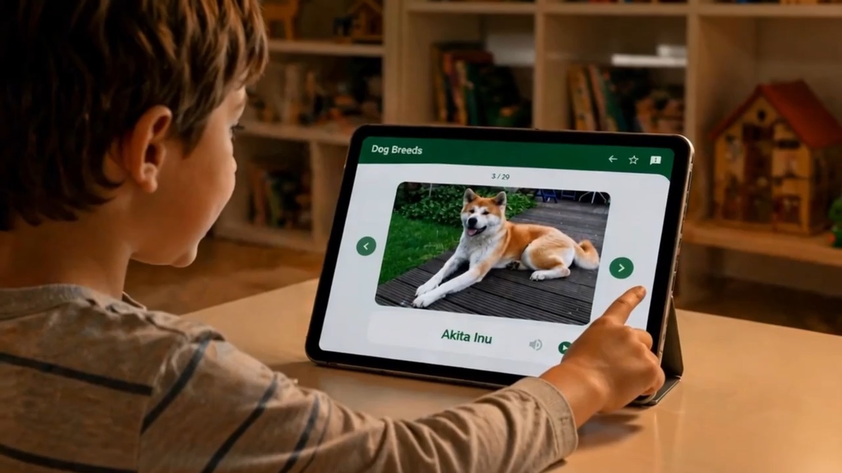 Aliolo visual flashcard lesson showing an Akita Inu on a tablet